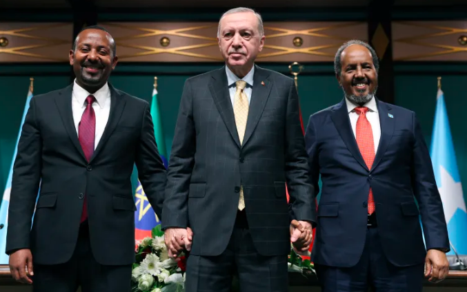 Turkish President Tayyip Erdogan, Somali President Hassan Sheikh Mohamud,, and Ethiopian Prime Minister on one page